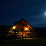 cabin lit at night